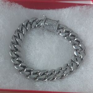 Men's Stainless Steel Cuban Link Bracelet with Pave Clasp - Polished Finish